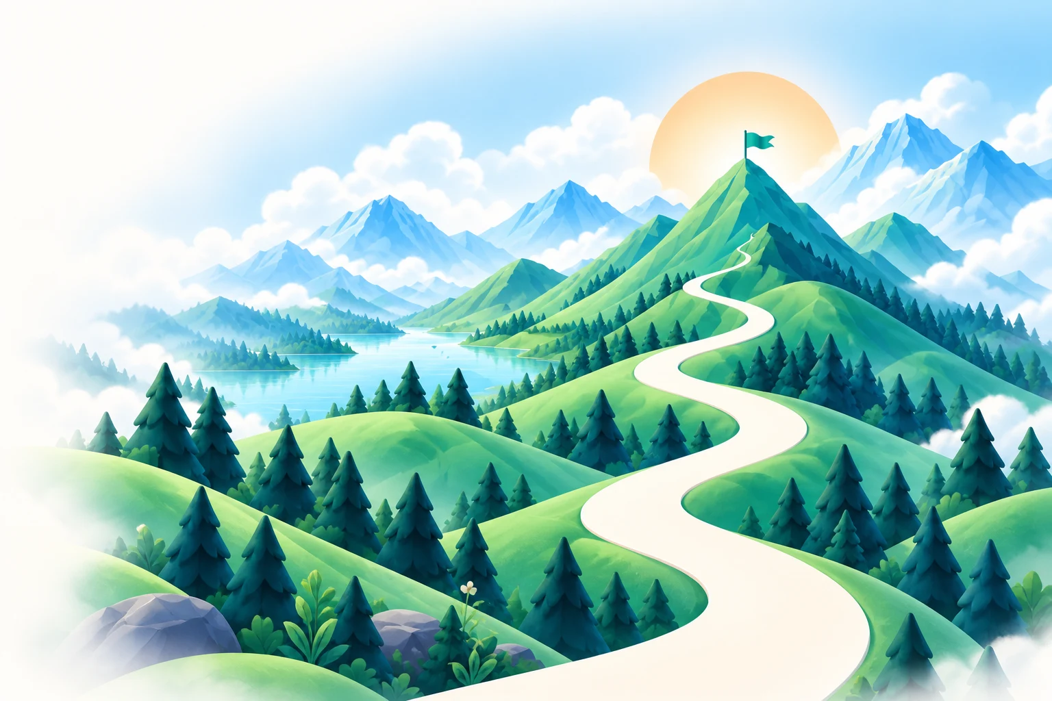 Un chemin clair traverse une forêt et des montagnes vertes jusqu’à un sommet au drapeau teal, devant un lac et des pics enneigés.